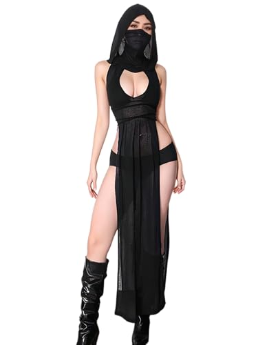 Women's Streetwear Rave Outfits High Slit Off Shoulder Hooded Dress Sexy Plunging Neckline Rave Swimsuit Cover Ups