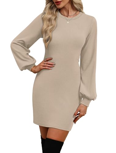 OFEEFAN Sweater Dresses for Women 2025 Fall Winter Puff Long Sleeve Crewneck Bodycon Fleece Ribbed Pullover Fashion Clothing
