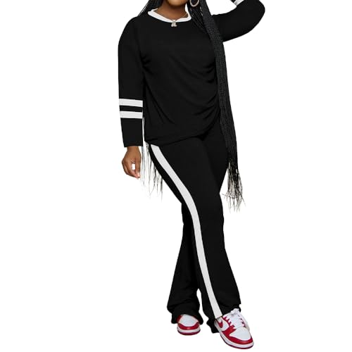 PINSV 2 Piece Sets for Women Fall Casual Outfits Long Sleeve Top and Flare Pants Lounge Sets Track suit