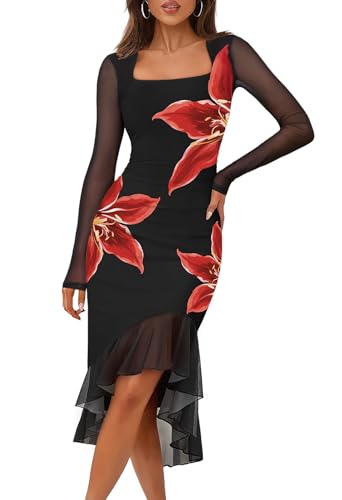 MEROKEETY Women's 2026 Wedding Guest Dress Bodycon Long Sleeve Square Neck Ruched Mesh Cocktail Party Holiday Midi Dresses