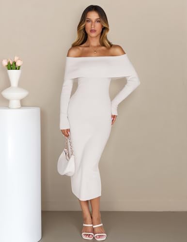 MEROKEETY Women's Winter Off Shoulder Bodycon Sweater Dress 2026 Spring Formal Long Sleeve Elegant Club Party Midi Dresses