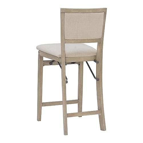 Linon Keira Natural Rustic Wooden Folding Counter Stool with Beige Upholstered Seat and Back