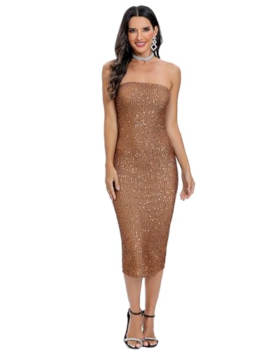 Capuffy Women Strapless Sequin Fantasy Midi Dress Sleeveless Tube Bodycon Club Dress Sparkly Glitter Cocktail Party Dress 77