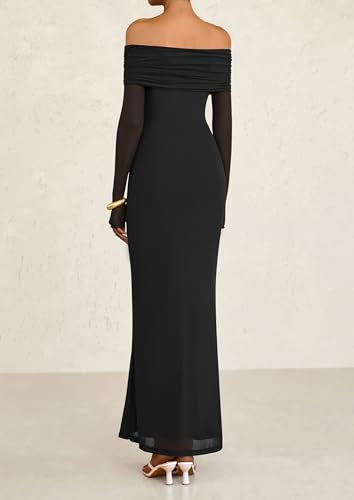 PRETTYGARDEN Fall Dresses for Women 2025 Elegant Off The Shoulder Long Sleeve Formal Wedding Guest Bodycon Maxi Dress