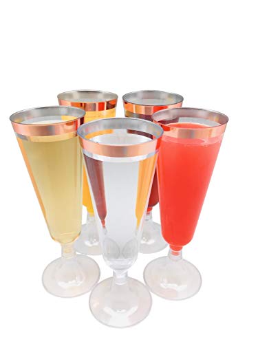 Oojami 140 Pack Plastic Champagne Flutes with Rose Gold Rim – Disposable Glass-Like Toasting Glasses for Wedding, Party, M...