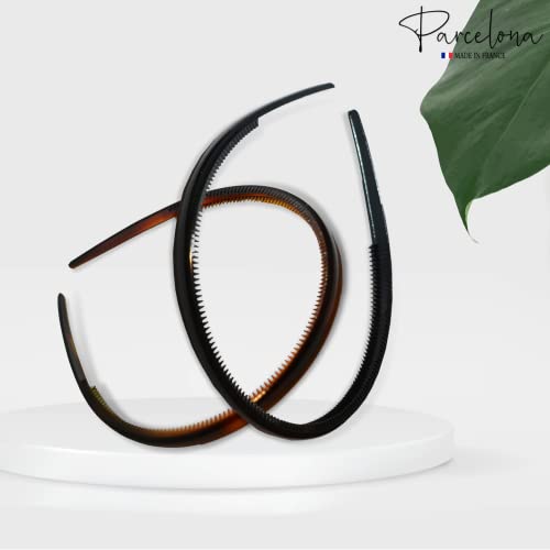 Parcelona French Thin Set of 2 Tortoise Shell Brown and Black Hair Headbands with Inner Teeth Nibs