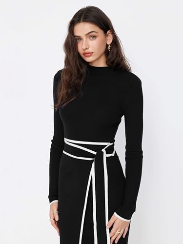 CIDER Sweater Dress for Women Long Sleeve Dress Mock Turtleneck Bow Tie Midi Work Dresses Old Money Dresses Fall Winter