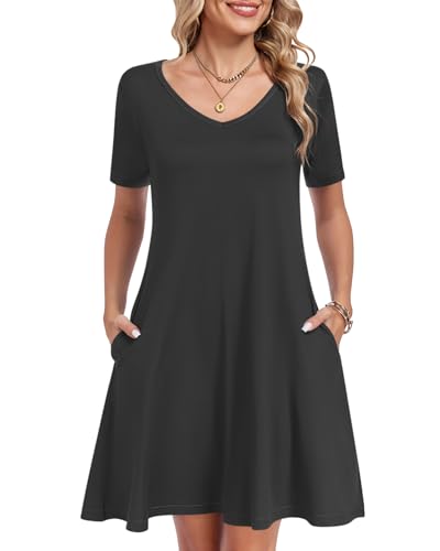 AUSELILY Tshirt Dress Women Swing Floral Short Sleeve V Neck Vacation Beach Mini Dress with Pockets