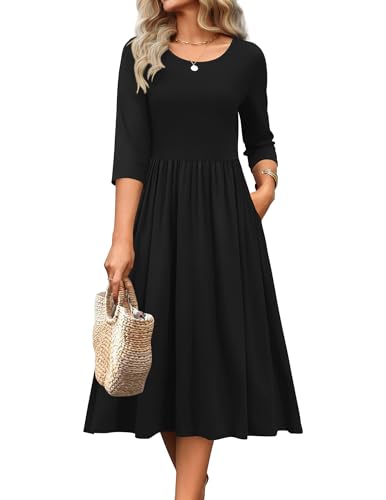 Zeagoo 3/4 Sleeve Women's Dress Casual Flowy A-Line Midi Tshirt Dresses with Pockets Crewneck Vocation Boho Beach Sundress