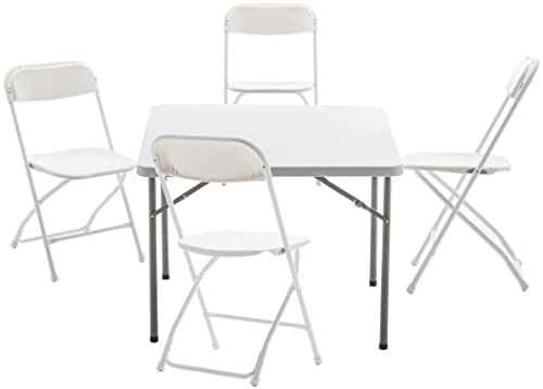 BTEXPERT 5 Piece Folding Card Table Portable and Chair Set, 34" Square Granite White Plastic Table 4 Adult Chairs for Boar...