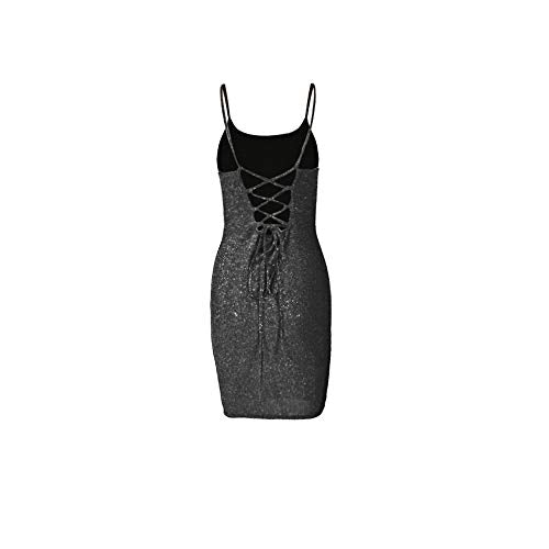 VANCOL Women's Sexy Glitter Spagetti Straps Lace Up Back Bandage Bodycon Mini Club Party Dress