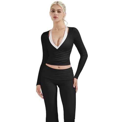 SUUKSESS Women Pilates Wrap Workout Cropped Top Ribbed Long Sleeve V Neck Tie Front Ballet Yoga Shrug Blouse