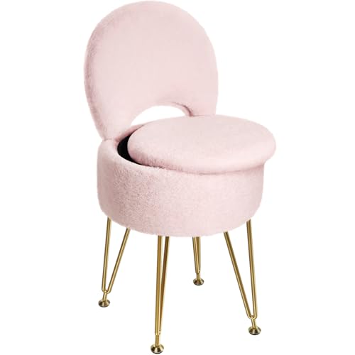 GREENSTELL Small Vanity Stool Chair with Storage and Folding Back, 13" x 13" x 17.7" Faux Fur Soft Ottoman for Teenager, 4...