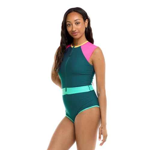Body Glove Women's Standard Stand Up Zip Front Paddle One Piece Swimsuit with UPF 50+, Kingfisher Colorblock