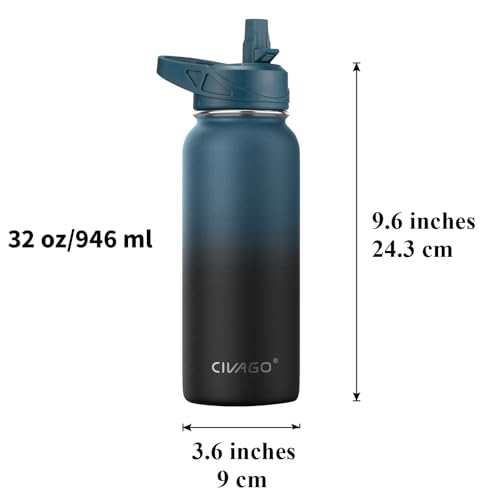 CIVAGO 32 oz Insulated Water Bottle With Straw, Stainless Steel Sports Water Cup Flask with 3 Lids (Straw, Spout and Handl...