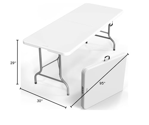VINGLI 8 Foot Plastic Folding Table Portable Long Table for Indoor Outdoor Use Rectangular with Carrying Handle，White