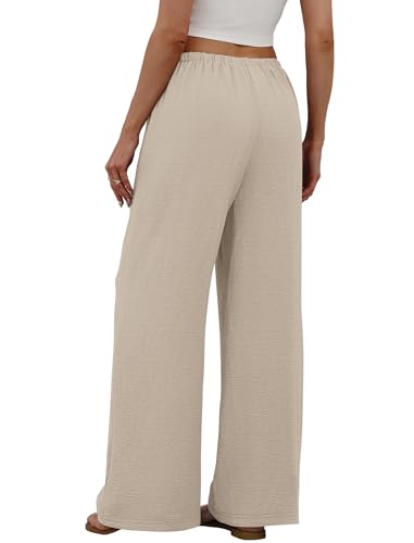 Sampeel Wide Leg Pants for Women Flowy Palazzo Drawstring Elastic Waist Trousers with Pockets Summer Beach Vacation Clothes