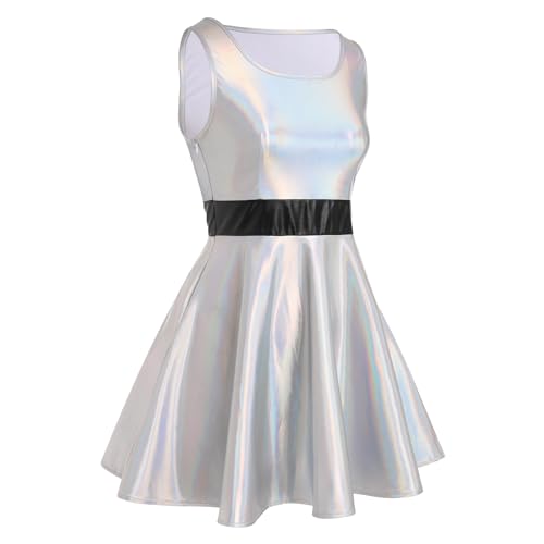 IBAKOM Women Shiny Metallic Skater Dress Disco Dance 80s Holographic Dress Hallowen Cosplay Outfits Wet Look Pleated Dress
