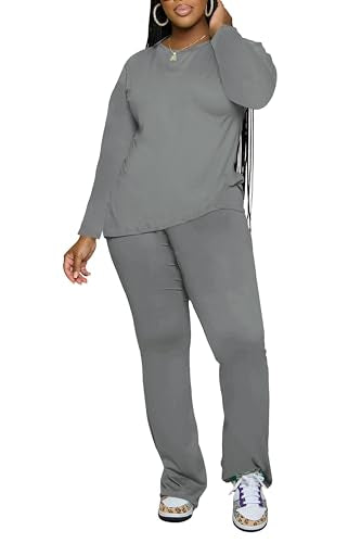 PINSV Womens 2 Piece Outfits Casual Sets Long Sleeve Top and Flare Pants Lounge Sets Tracksuit