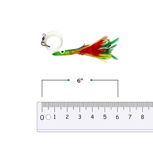 6" Tuna Clone Feather Rigs, 6 Pcs Mexican Flag Color, for Offshore Saltwater Trolling, Skirted Feather Lures, Ideal for Bi...