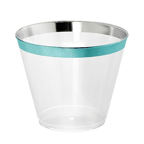 100 Teal Rimmed Plastic Cups and 1 Silver Ice Tong Set - 9 Ounce Disposable Wine Glasses - Plastic Cocktail Glasses - Fanc...