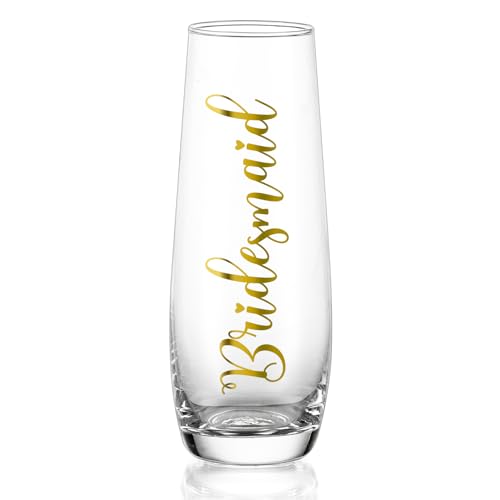 NUPTIO Stemless Champagne Glasses Bridesmaid: Bridal Shower Party Prosecco Flutes Tumbler Wedding Gift Clear Gold Embossed