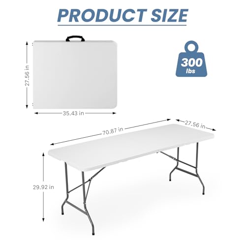 DUMOS 4 Ft Outdoor Folding Table, Plastic Heavy Duty Table with Carrying Handle, Lock for Camping Picnic Party Dining, White