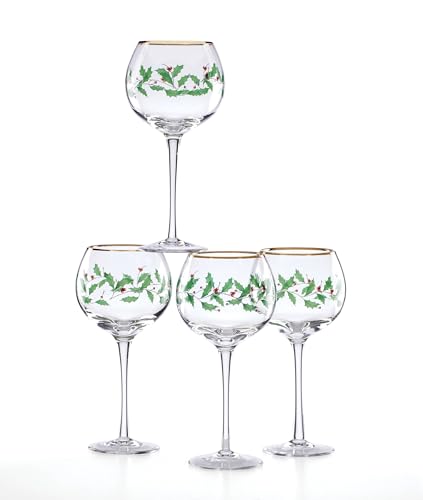Lenox Drinkware, Holiday 4-Piece Wine Balloon Glass Set, Set Of 4, 14 Fl Oz Capacity, Made From Glass, Festive Red Christm...
