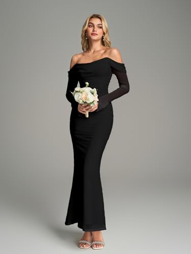 KUTUMAI Off Shoulder Long Sleeve Maxi Dress Corset Bodycon Ruched Cocktail Formal Wedding Guest Dresses for Women