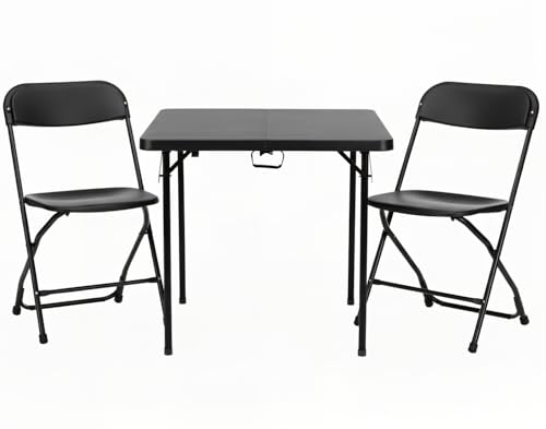 BTEXPERT 3 Piece Folding Card Table Portable and Chair Set, 34" Square Black Bi-Fold Table 2 Adult Chairs for Board Games ...