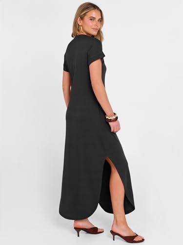 ANRABESS Women Summer Maxi Dress Casual Short Sleeve V Neck Button Up Loose Split Travel Dresses 2026 Beach Vacation Sundress