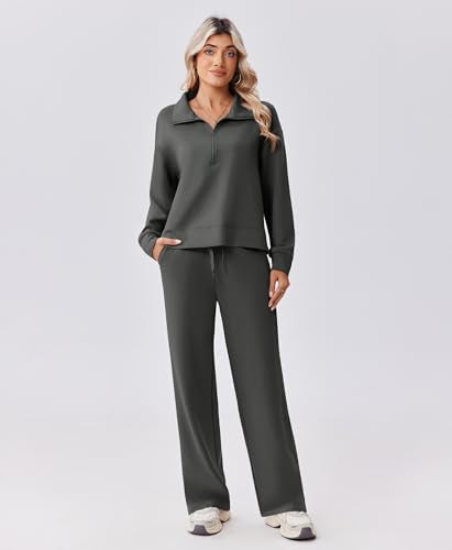 PINSPARK 2 Piece Sets for Women 1/2 Zip Sweatsuit Loose Fit Sweatshirt Straight Leg Pants 2025 Matching Outfit Fall Tracksuit