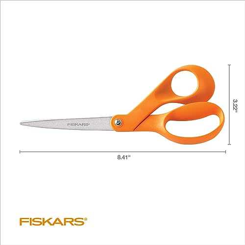 Fiskars 8" Original Orange-Handled Stainless Steel Scissors, Ergonomic and Keeps Material Flat, Sharp All-Purpose Paper an...