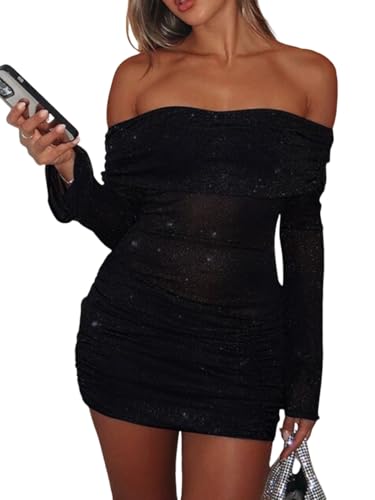 evonvola Women Sexy Off Shoulder Bodycon Ruched Mini Dress Mesh Sheer Sparkly Flared Long Sleeve Y2K Dress Date Night Dresses