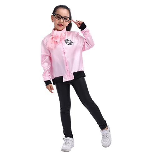 Leadtex 1950s Girls Party Pink Ladies Jacket Grease Costume with Chiffon Pink Neck Scarfs and Black Cat Eye Glasses