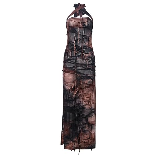 Novaorily Women Sexy Tie Dye Fringe Bodycon Dress Y2K Sleeveless Split Evening Cocktail Formal Gowns for Party Club Night