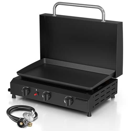 ADREAK 25.6'' Gas Griddle Flat Top Grill with Lid, 3-Burner Tabletop Portable Propane Griddle for Outdoor Cooking, BBQ, Ca...