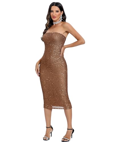 Capuffy Women Strapless Sequin Fantasy Midi Dress Sleeveless Tube Bodycon Club Dress Sparkly Glitter Cocktail Party Dress 77