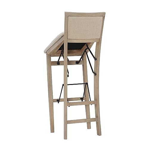 Linon Keira Natural Rustic Wooden Folding Barstool with Beige Upholstered Seat and Back