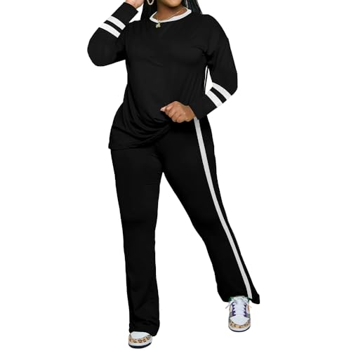 PINSV 2 Piece Sets for Women Fall Casual Outfits Long Sleeve Top and Flare Pants Lounge Sets Track suit