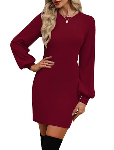 OFEEFAN Sweater Dresses for Women 2025 Fall Winter Puff Long Sleeve Crewneck Bodycon Fleece Ribbed Pullover Fashion Clothing