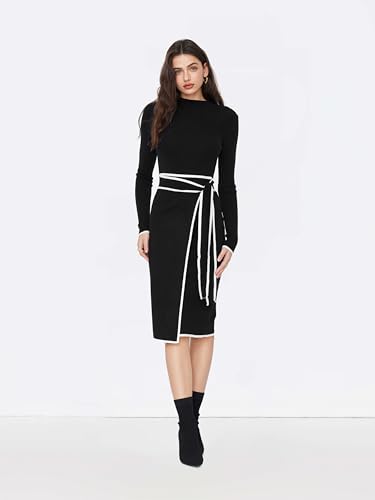 CIDER Sweater Dress for Women Long Sleeve Dress Mock Turtleneck Bow Tie Midi Work Dresses Old Money Dresses Fall Winter