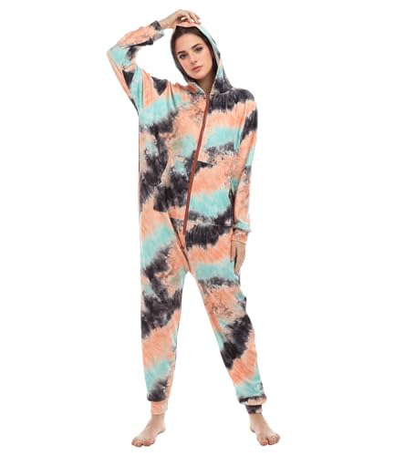Kgromfy Tie Dye Jumpsuits Womens Onesie Pajamas Hooded Homewear Nightwear Sleepwear Party Costumes