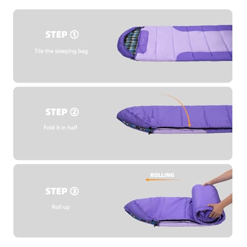 Cotton Flannel Lined Sleeping Bag for Adults Teens Kids, Cold Weather &Warm, 3 Seasons, Lightweight Compact Camping Essent...