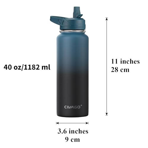 CIVAGO 40 oz Insulated Water Bottle With Straw, Stainless Steel Sports Water Cup Flask with 3 Lids (Straw, Spout and Handl...