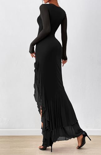 BTFBM Women's Maxi Dresses Spring 2026 Long Sleeve Ruched Bodycon Solid Ruffle Mermaid Cocktail Wedding Guest Dress