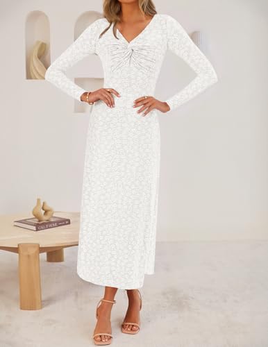 ZESICA Women's Fall Floral Long Sleeve Bodycon Dress 2026 Elegant V Neck Cocktail Party Long Midi Dresses