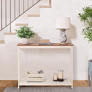 GREEN PARTY 40'' Console Table with Storage Shelf, 2 Tier Farmhouse Sofa Table X-Shaped Design Couch Table Narrow Console Table for Entryway, Hallway, Living Room, Ivory