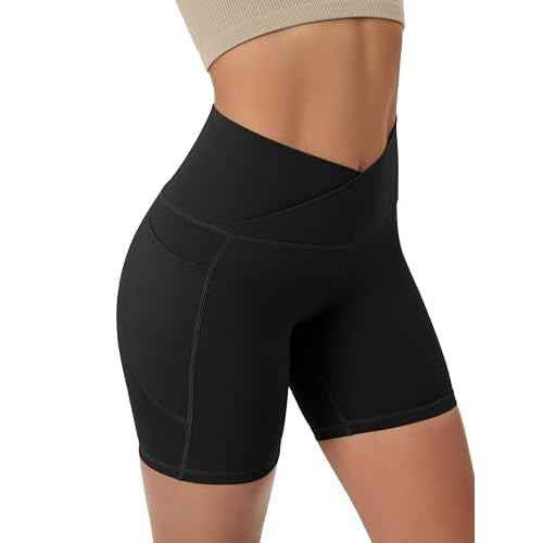 ODODOS Cloud Feeling Cross Waist Yoga Shorts with Pockets for Women, 6" Crossover High Waist Lounge Biker Shorts