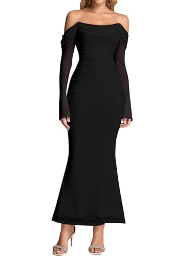 KUTUMAI Off Shoulder Long Sleeve Maxi Dress Corset Bodycon Ruched Cocktail Formal Wedding Guest Dresses for Women